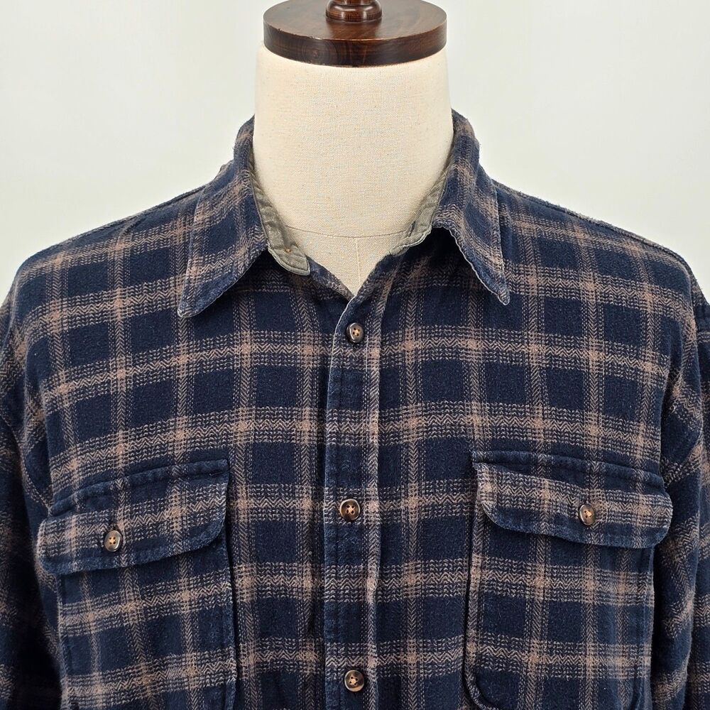 Outdoor Exchange Heavyweight Flannel Shirt Mens LT Dark Blue Plaid Double Pocket